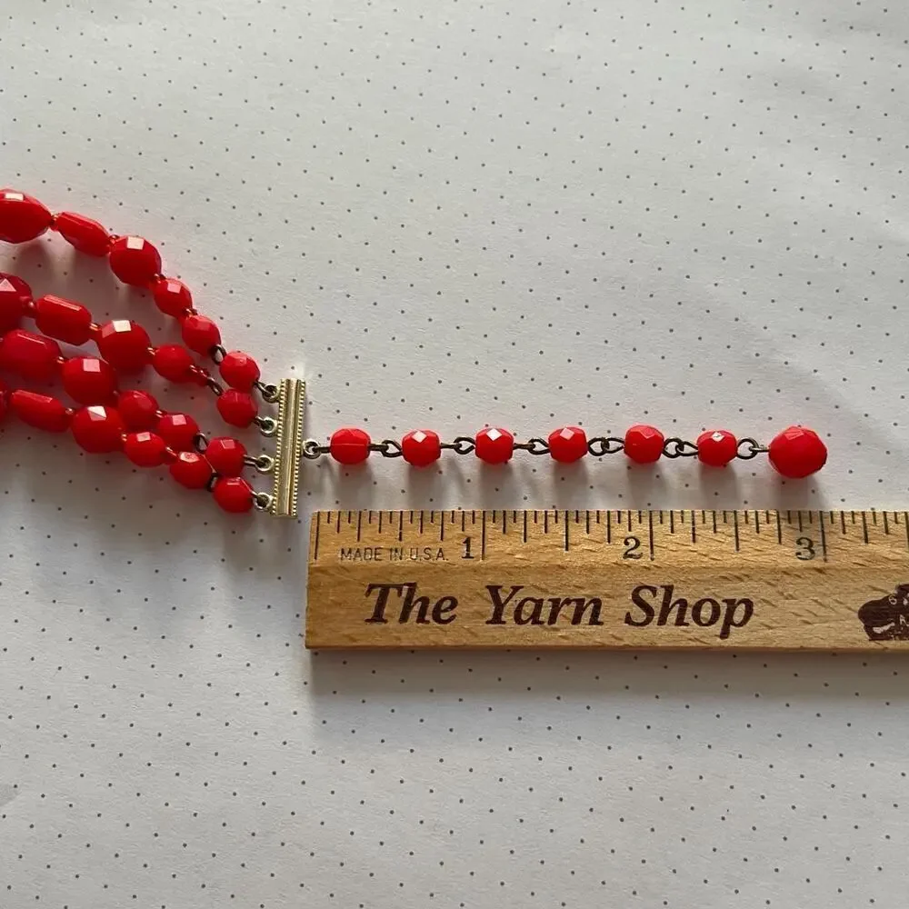 Vintage Red Four Strand Necklace Western Germany Faceted Acrylic AB Finish